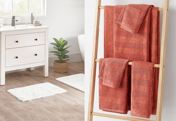Quick-drying 100% cotton hand towels (16" long x 26" wide) Textured double weave, low-lint absorbent (2-pack, Coral)