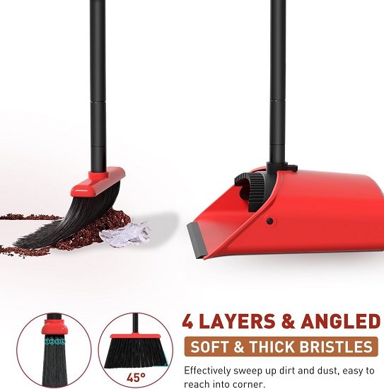 Broom and Dustpan Combo Set, Long Handled Dustpan and Brush Set - Red/Black