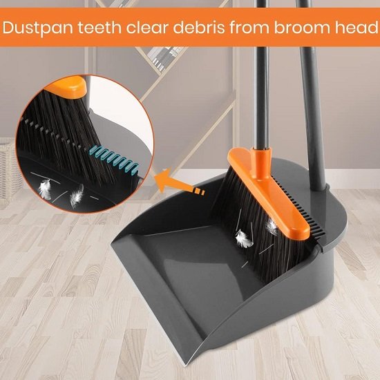 Long Handle Broom with Upright Standing Dustpan Combo for Office Home Kitchen Lobby Floor Cleaning